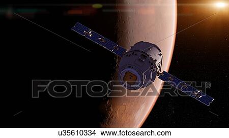 Picture - Illustration of a satellite in front of Mars.. Fotosearch