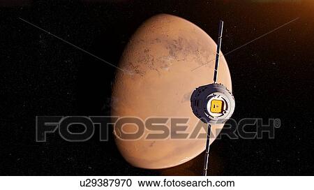 Illustration of a satellite in front of Mars. View Large Photo Image Stock Image - Illustration of a satellite in front of Mars.. Fotosearch