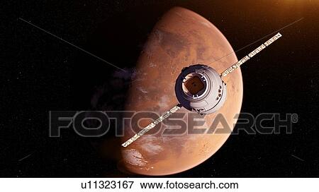 Illustration of a satellite in front of Mars. View Large Photo Image Stock Photo - Illustration of a satellite in front of Mars.. Fotosearch