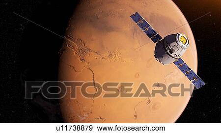 Stock Photo - Illustration of a satellite in front of Mars.. Fotosearch