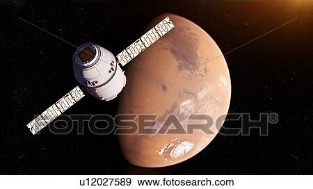 Stock Photo - Illustration of a satellite in front of Mars.. Fotosearch