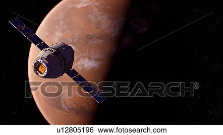 Stock Photograph - Illustration of a satellite in front of Mars.. Fotosearch