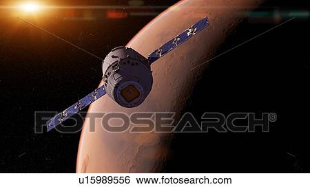 Stock Photograph - Illustration of a satellite in front of Mars.. Fotosearch