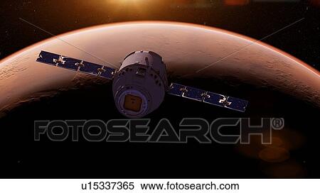 Stock Photography - Illustration of a satellite in front of Mars.. Fotosearch