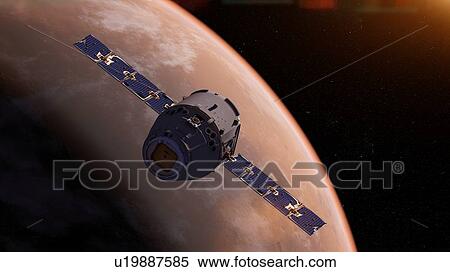 Stock Photography - Illustration of a satellite in front of Mars.. Fotosearch