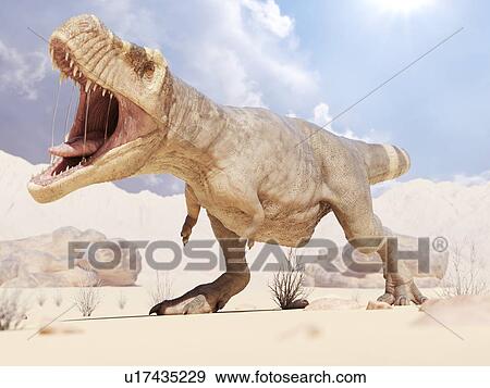 Stock Photo - Illustration of a T-rex in the desert.. Fotosearch