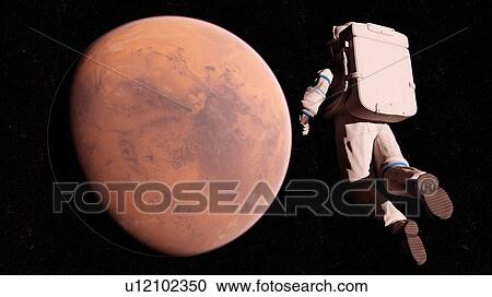 Stock Image - Illustration of an astronaut in front of Mars.. Fotosearch