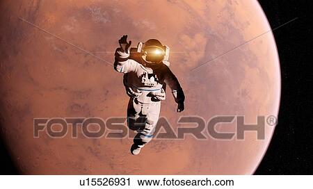 Stock Image - Illustration of an astronaut in front of Mars.. Fotosearch