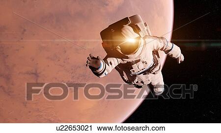 Stock Image - Illustration of an astronaut in front of Mars.. Fotosearch