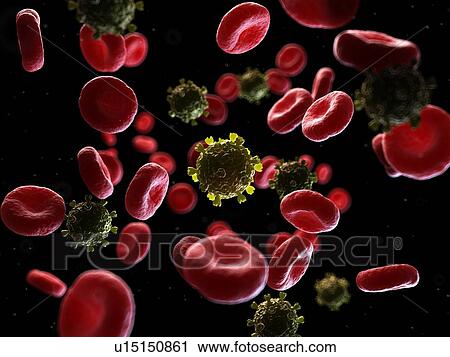 Stock Image - Illustration of HIV particles in human blood.. Fotosearch