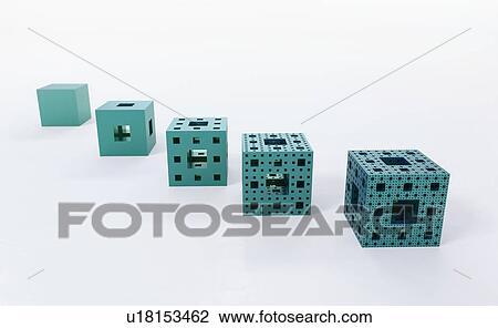Stock Image - Illustration of the first four iterations in the construction of the Menger sponge. The Menger sponge is a mathematical object, where a cube is successively divided up into 27 sub cubes, which are similarly divided recursively. Each time the centre 7.... Fotosearch