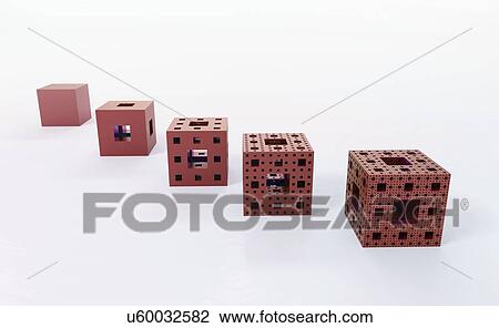 Stock Image - Illustration of the first four iterations in the construction of the Menger sponge. The Menger sponge is a mathematical object, where a cube is successively divided up into 27 sub cubes, which are similarly divided recursively. Each time the centre 7.... Fotosearch