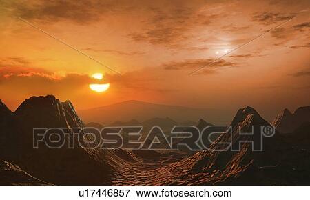 Stock Photo - Illustration of the view from the innermost of the two exoplanets orbiting Gliese 667 C (largest star, a red dwarf) in the Gliese 667 system. The Gliese 667 A/B binary star system is to the right of Gliese 667 C. There are at least two planets in this.... Fotosearch