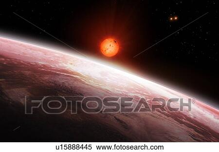 Stock Photography - Illustration of the view from the innermost of the two exoplanets orbiting Gliese 667 C (largest star, a red dwarf) in the Gliese 667 system. The Gliese 667 A/B binary star system is to the upper left of Gliese 667 C. There are at least two planets in.... Fotosearch