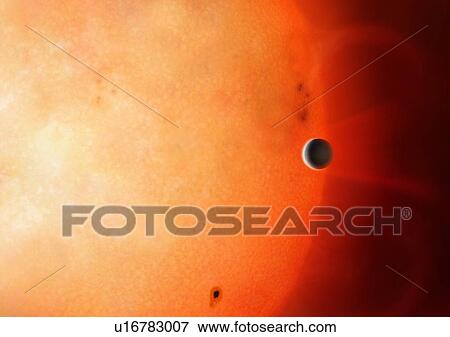 Stock Photo - Illustration of transiting planet NGTS-4b. This is a planet inhabiting the so-called 'Neptunian Desert'. This is the name given to explain the dearth of planet of Neptune mass and radius and with orbital periods of 2-4 days. NGTS-4b is therefore.... Fotosearch