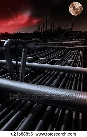 Oil and gas industry at night. Composite image with a dark red sky from flames and a large bright full-moon. View Large Photo Image Stock Photograph - Oil and gas industry at night. Composite image with a dark red sky from flames and a large bright full-moon.. Fotosearch
