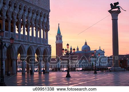 Stock Photo - St Marks square and San Giorgio Maggiore church before sunrise, Venice, Veneto, Italy. Fotosearch