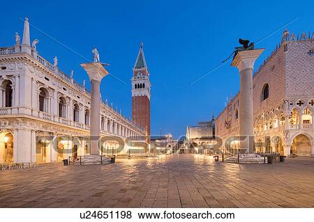 Stock Photo - St Marks square and tower before sunrise, Venice, Veneto, Italy. Fotosearch