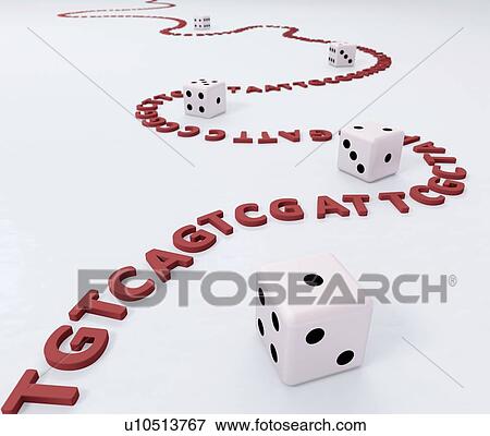 Stock Photo - String of DNA letters curling around dice, computer illustration.. Fotosearch