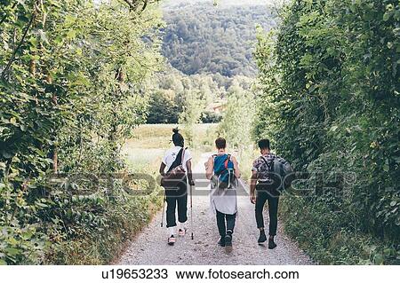 Three young adult hikers on dirt track, rear view, Primaluna, Trentino-Alto Adige, Italy View Large Photo Image Stock Image - Three young adult hikers on dirt track, rear view, Primaluna, Trentino-Alto Adige, Italy. Fotosearch