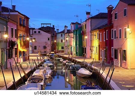 Picture - Traditional multicoloured houses on waterfront at dusk, Burano, Venice, Veneto, Italy. Fotosearch