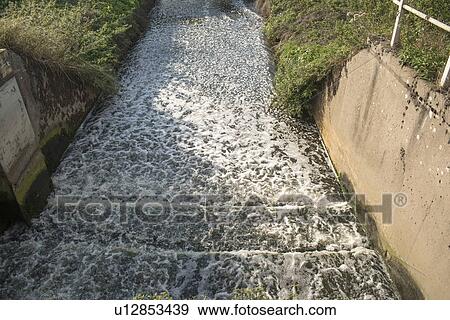 Stock Photo - Wastewater discharging from sewage treatment plant into river, West Midlands, UK.. Fotosearch