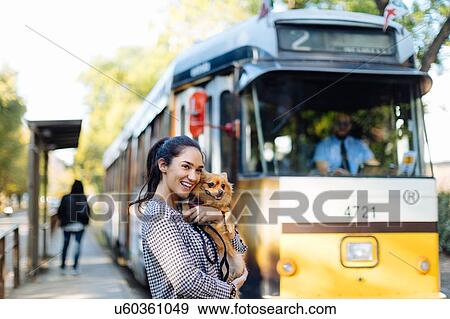 Stock Photo - Woman and pet dog by tram, Milan, Italy. Fotosearch