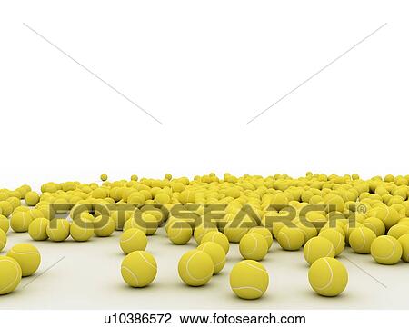 Stock Image - Yellow tennis balls scattered on white background, computer illustration.. Fotosearch