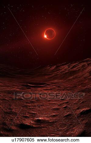 Stock Photography - A view of the surface of the Moon during a lunar eclipse. The Sun has passed behind the Earth, illuminating its atmosphere in an eerie red and staining the lunar landscape.. Fotosearch