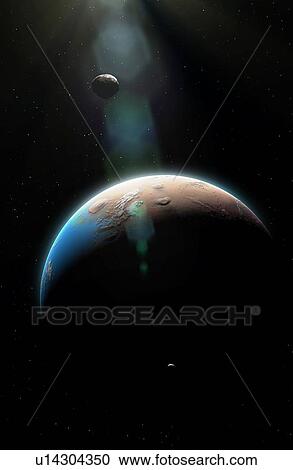 A vision of the planet Mars covered in water in the past, when its atmosphere was thicker and warmer. This is a view towards the Tharsis region, showing the massive volcanoes, including Olympus Mons. The Martian moons, Phobos and Deimos (bottom and... View Large Photo Image Stock Image - A vision of the planet Mars covered in water in the past, when its atmosphere was thicker and warmer. This is a view towards the Tharsis region, showing the massive volcanoes, including Olympus Mons. The Martian moons, Phobos and Deimos (bottom and.... Fotosearch