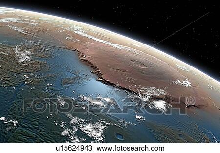 A vision of the planet Mars covered in water in the ancient past, when its atmosphere was thicker and warmer. This shows a view over the massive Olympus Mons, the largest known volcano in the Solar System. View Large Photo Image Stock Image - A vision of the planet Mars covered in water in the ancient past, when its atmosphere was thicker and warmer. This shows a view over the massive Olympus Mons, the largest known volcano in the Solar System.. Fotosearch
