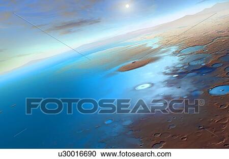 A vision of the planet Mars covered in water in the ancient past, when its atmosphere was thicker and warmer. We are a few kilometres above the Martian surface. View Large Photo Image Stock Image - A vision of the planet Mars covered in water in the ancient past, when its atmosphere was thicker and warmer. We are a few kilometres above the Martian surface.. Fotosearch
