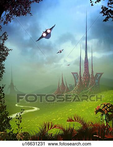 Stock Image - Artwork of a scene on an alien planet, showing extraterrestrial structures and plants.. Fotosearch