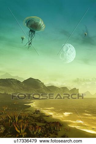 Artwork of alien creatures and plants on a hospitable foreign world. View from the surface of an inhabited Earth-like exoplanet. The planet is depicted as rocky with seas, and with strange planetss. The sky teal, and is populated by flying lifeforms... View Large Photo Image Stock Photo - Artwork of alien creatures and plants on a hospitable foreign world. View from the surface of an inhabited Earth-like exoplanet. The planet is depicted as rocky with seas, and with strange planetss. The sky teal, and is populated by flying lifeforms.... Fotosearch