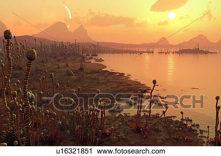 Stock Image - Artwork of alien plants on a hospiitable foreign world. View from the surface of an inhabited rocky planet with a large exomoon. The landscape is depicted as rocky with seas and alien plants The sky is a very odd rusty colour. Astronomers have found.... Fotosearch