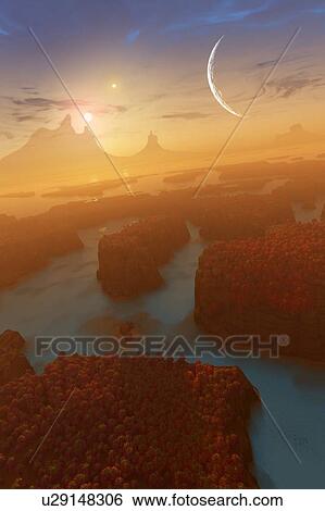 Stock Photograph - Artwork of alien plants on a hospiitable foreign world. View from the surface of an inhabited rocky planet with a large exomoon. The landscape is depicted as rocky with seas and alien plants. Astronomers have found well over a thousand extrasolar.... Fotosearch