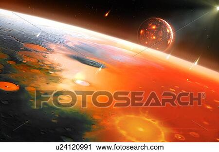 Artwork of the young Earth-Moon system. The Earth had recently formed when it was struck by a protoplanet – called Theia – roughly three times the size of Mars. Debris from the impact went into orbit where it quickly coalesced to form the Moon,... View Large Photo Image Stock Image - Artwork of the young Earth-Moon system. The Earth had recently formed when it was struck by a protoplanet – called Theia – roughly three times the size of Mars. Debris from the impact went into orbit where it quickly coalesced to form the Moon,.... Fotosearch