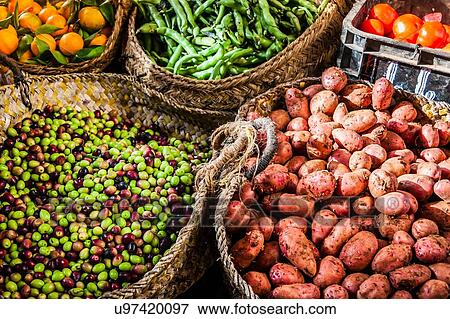 Baskets of fresh fruit and vegetables, Fes, Morocco View Large Photo Image Stock Photo - Baskets of fresh fruit and vegetables, Fes, Morocco. Fotosearch
