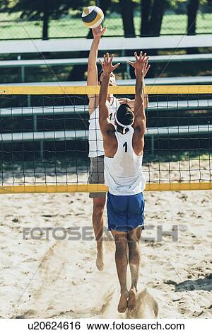 Beach volleyball players at the net View Large Photo Image Stock Photograph - Beach volleyball players at the net. Fotosearch