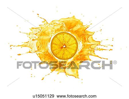 Stock Photo - Big splash with orange slice in the middle. lit up from behind, Isolated on white background.. Fotosearch