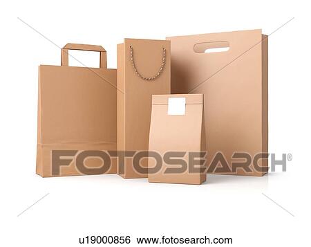 Stock Photograph - Blank shopping bags, brown paper packages, identity branding mock-up set. 3D illustration isolated on white background.. Fotosearch