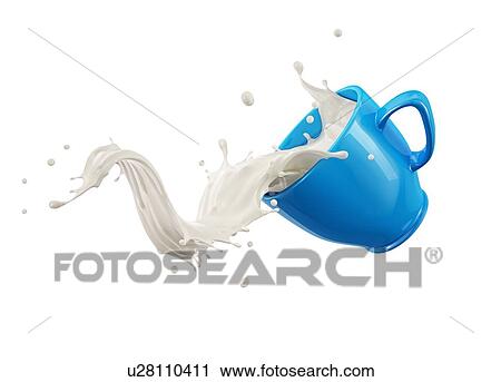 Stock Image - Blue cup mug jumping with milk splash. Isolated on white background.. Fotosearch
