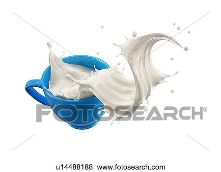 Stock Photo - Blue cup mug with milk wave splash. Isolated on white background.. Fotosearch