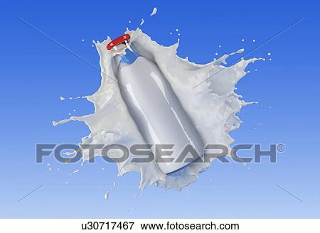 Stock Photo - Bottle of milk splashing. On blue background.. Fotosearch