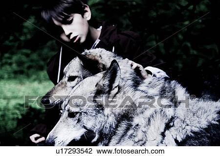 Stock Image - Boy petting dogs in woodland, shallow focus. Fotosearch