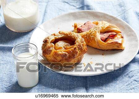 Stock Photography - Breakfast pastries with glass of milk on table. Fotosearch