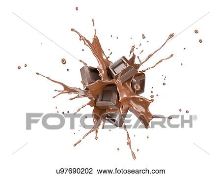Stock Image - Chocolate blocks splashing into a liquid chocolate splash burst in the air. Isolated on white background.. Fotosearch