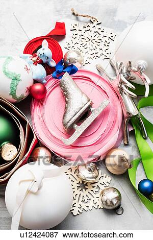 Christmas baubles, ornaments and ribbons View Large Photo Image Stock Photo - Christmas baubles, ornaments and ribbons. Fotosearch