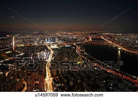 Stock Photo - Cityscape at dusk, Seoul, South Korea. Fotosearch