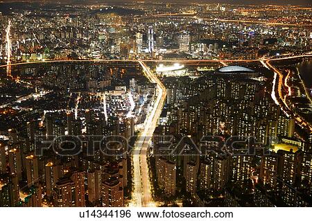 Cityscape at dusk, Seoul, South Korea View Large Photo Image Stock Photograph - Cityscape at dusk, Seoul, South Korea. Fotosearch